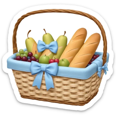 A white Picnic basket with pastel blue bow，contained baguettes and fruit, sticker