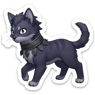 Rare dark dusky dull-colored exotic edgy cool epic aesthetic gothic emo Salandit-Litten-Furfrou-Houndoom-Civet-species-Fakemon-hybrid-creature, with a collar, and with intricate tribal markings, full body sticker