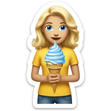 Girl with mid length blonde hair, blue eyes, yellow shirt, holding vanilla ice cream cone sticker