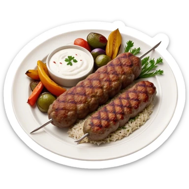Cinematic Realistic image of a long, hand shaped Turkish Köfte, rendered with richly spiced meat textures and subtle grill marks, artfully arranged on a traditional Turkish ceramic plate alongside classic sides such as a serving of aromatic pilaf, crisp grilled vegetables, and a dollop of creamy yogurt, all bathed in warm, appetizing lighting that emphasizes its savory allure. sticker