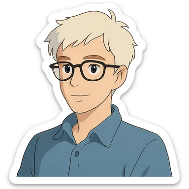 22-year-old white man with fair skin, white hair, and black glasses sticker