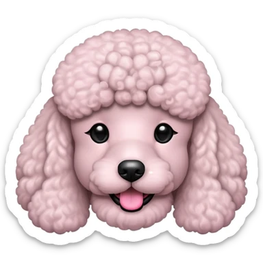 Minimalist cartoon-style poodle face emoji, front view, clean flat design, no shadows, no fur texture, round black eyes, small black nose, pink tongue, light grey or white fur, simple outline, in the style of iPhone emoji — not realistic, not detailed sticker