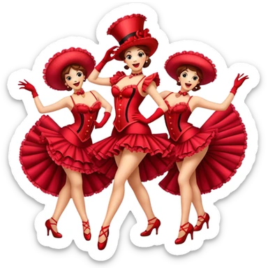 Cinematic Realistic Can-can Dance Emoji, depicted as a lively cabaret dance scene with flouncy costumes and dynamic energetic movement, rendered with vibrant textures and playful theatrical lighting that captures the spirit of French cabaret. sticker