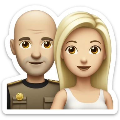 White bald man with black eyebrows holding long blond woman sticker