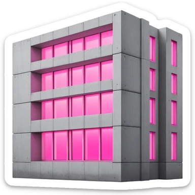 Minimalist Russian-style gray concrete panel building with one window glowing bright pink from grow lights inside, simple rectangular structure with brutalist architecture sticker
