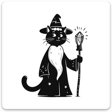 a wizard cat with a magic staff, hand-drawn doodle style sticker