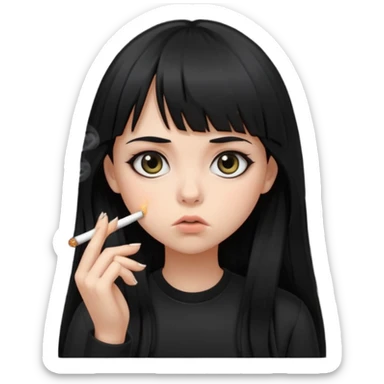 teen girl with long black hair and straight bangs, big eyes looking tired, not smiling, all black clothes, smoking cigarette sticker