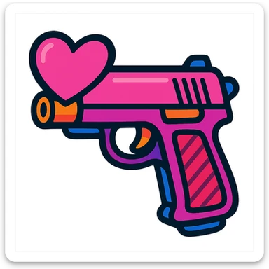 pink heart pistol, vibrant toon style, bold outlines, playful look sticker