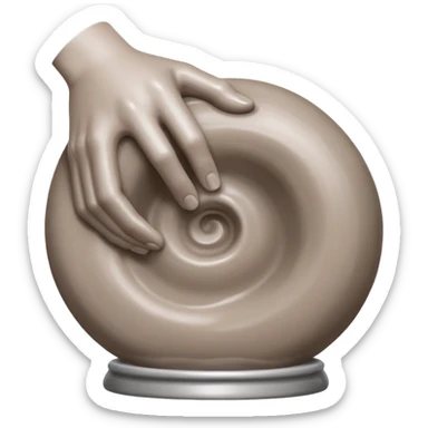 one hand hugging on the right side of a blob of clay on a silver pottery wheel sticker