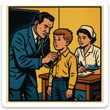 A doctor in the early 1900s examining the heart beat of a school child in a school room.  There is a female nurse recording measurements sitting at a desk next to the doctor sticker