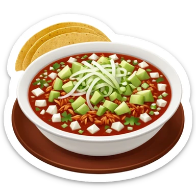 A delicious hot bowl of pozole rojo with separate sides next to the bowl: white chopped onions, green shredded cabbage, lime wedges, red chile de arbol salsa, and round tostadas sticker