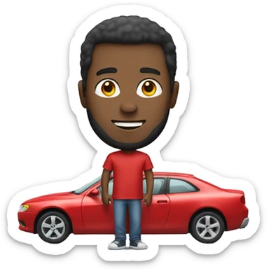 Man wearing a red tshirt holding a car sticker