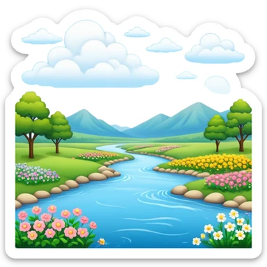landscape with river, flowers, and clouds sticker