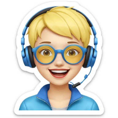 yellow-skinned girl with blue ombre short hair, wearing futuristic glasses and wireless headphones, laughing loudly sticker