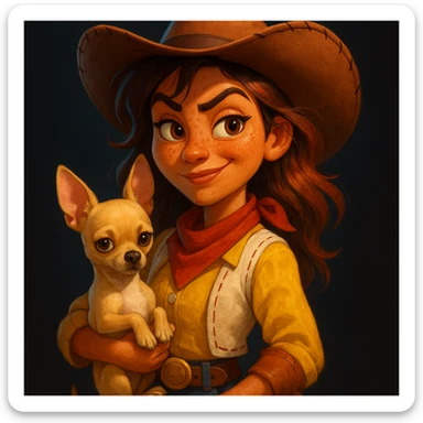 Portrait of a tanned female cowboy with freckles, brown hair with auburn highlights, rebellious and playful expression, Pixar art style, holding a beige-brown chihuahua, dark background, bright illustration, large expressive eyes, vivid colors sticker
