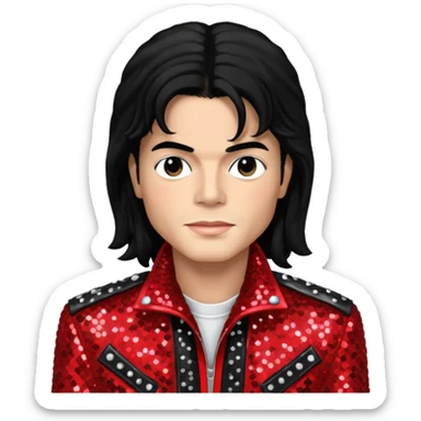 Michael Jackson with black long hair, red sequin jacket, black shirt, light skin sticker