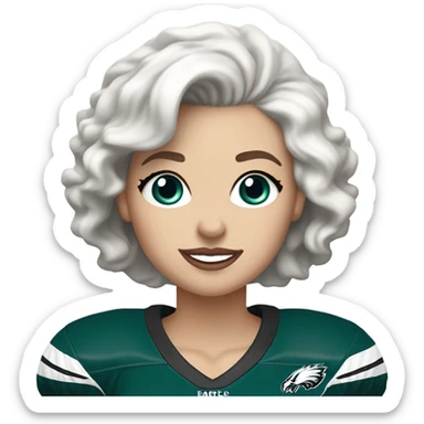 White female blue eyes light skin light lips white hair short hair wavy hair wearing Philadelphia eagles jersey cheering sticker