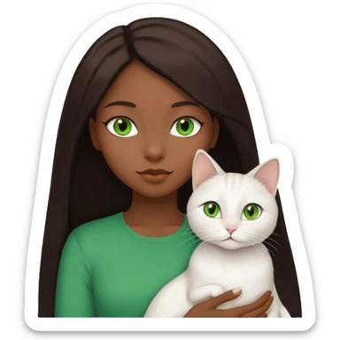 black girl with straight long dark brown hair with a side part holding a female white cat with green eyes sticker