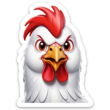 Cinematic Comical White Rooster Portrait Emoji, Head tilted dramatically with an exaggeratedly shocked or amused expression, featuring a striking pure white plumage with a bold red comb, wide, expressive eyes filled with playful disbelief, Simplified yet hilariously expressive features, highly detailed, glowing with a slightly sassy glow, high shine, dramatic yet playful, stylized with an air of cheeky mischief, bright and endearing, soft glowing outline, capturing the essence of a spirited and over-the-top rooster, so meme-worthy it feels like it could crow its way into internet fame instantly! sticker