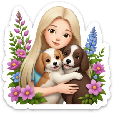 A beautiful girl with long straight hair happily hugs an Alaskan dog in the flowers sticker