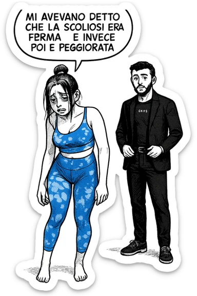 fai questa immagine in versione fumetto/manga/webtoon, il manga mostra la donna disperata con un fumetto sulla testa che dice:
Mi avevano detto che la scoliosi era ferma… e invece poi è peggiorata.
 sticker