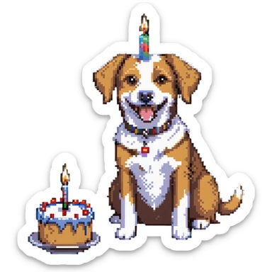 happy dog with candle-lit birthday cake sticker