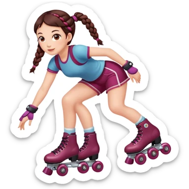 Cute girl, brunette with two braids, burgundy rollerskates sticker