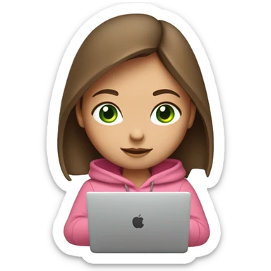 A girl with brown long hair, fair skin and green eyes, working at a modern laptop in a plain pink hoodie sticker