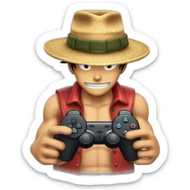 Homme peau claire, cheveux châtain en arrière, avec le chapeau de Luffy et une manette ps5 en main sticker