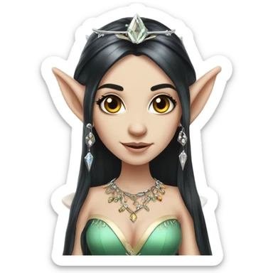 elf princess with pointy ears, white skin, black hair with jewellery,  sticker