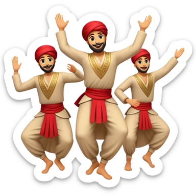 Cinematic Realistic Dabke Dance Emoji, depicted as an energetic traditional Lebanese folk dance with vibrant costumes and rhythmic movements, rendered with dynamic textures and festive natural lighting that captures its communal joy. sticker