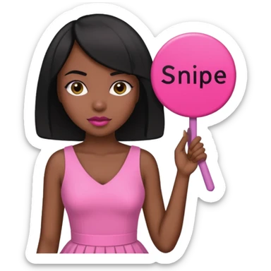Dark skin woman with black bob in hair holding sign that says snipe  wearing pink dress  pink sign  sticker
