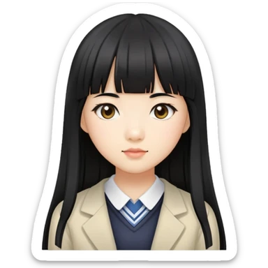 Asian schoolgirl with straight black hair, long length, and blunt bangs sticker