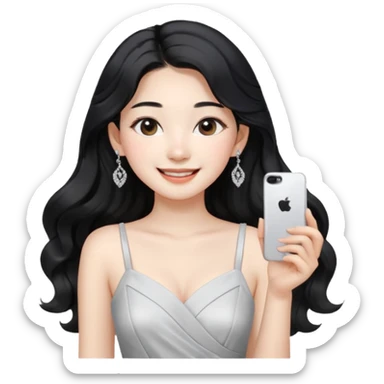 Korean 24-year-old female online shopping mall seller / white face / earrings / smiling expression / long wavy hair / influencer vibe / fashionable / black hair / silver earrings / white dress sticker