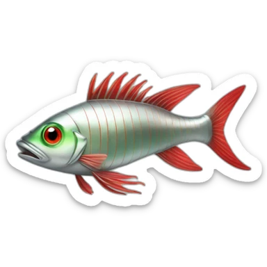 2 ft. Long silver fish with red lines down it and big green eyes and 7 fins sticker