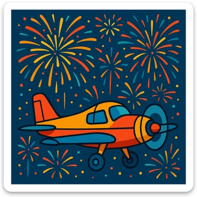 A small airplane flying with fireworks exploding in the background, creating a festive and energetic atmosphere in the sky sticker