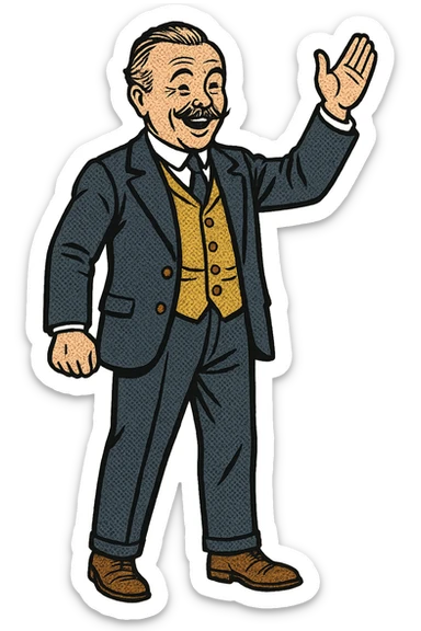 the full body of a politician from the early 1900s in Britain who is facing the front and looking happy.  sticker