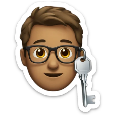 brown-short-haired man wearing glasses, struggling to fit a key into a door-lock sticker