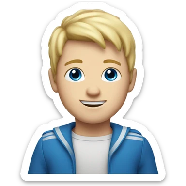 a blonde hair boy, with blue eyes, shwing a welcome soign sticker