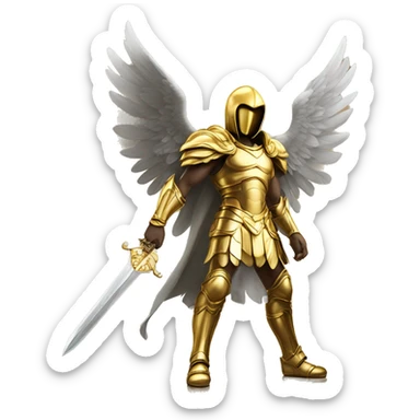 an archangel with golden wings in golden armor, in a golden hood, his face is not visible in the shadows, holding a golden sword in his hand, in full growth sticker