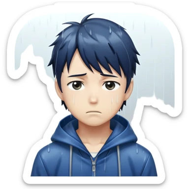 Anime character boy with sad expression standing in the rain, anime art style sticker