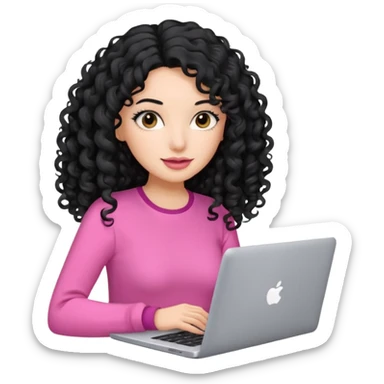 pretty brunnet woman with pink clothes and long mid length black curly hair with laptop  sticker
