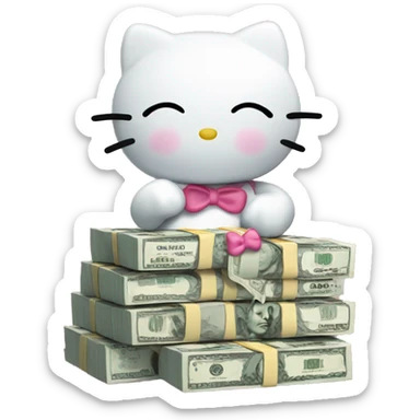 Hello kitty holding a stack of cash with eyes closed sticker