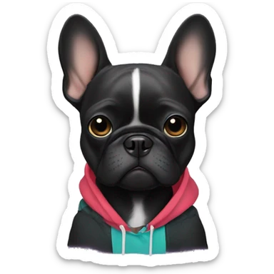 Black frenchie with Coldplay hoodie sticker