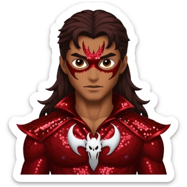 Samael, Venom of God from Gods and Goddesses with tan skin, long dark brown hair, dark red sequin outfit sticker