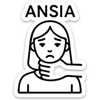 Stylized woman in black and white with a worried face, a black hand gripping her neck, text 'ANSIA' above the head, oppressive atmosphere, similar style to the reference, variant 6. sticker