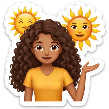 Brown woman with dark brown long curly hair saying good morning with the sun and yellow shirt  sticker