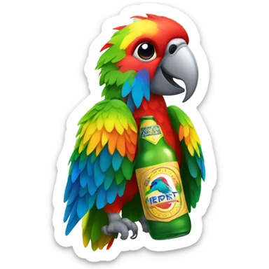 rainbow parrot holding a beer bottle sticker