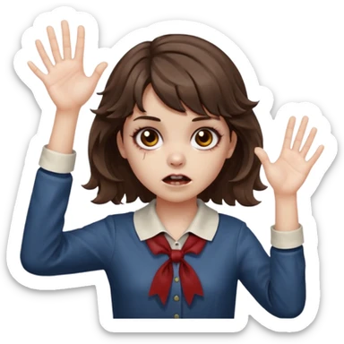 Cabelo ondulado  um pouco cheio e franja curta  Olhos marrons e pequenos e feita d ezumbi mais bonita com cabelo amarro na e com as mãos assim tipo assim🧟‍♀️ sticker