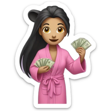 a rat female with a pink bathrobe and long black hairs, holding a bunch of money sticker